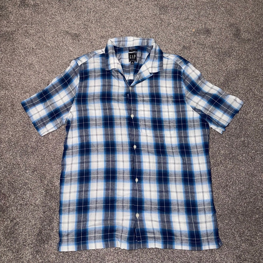 Gap Men's Blue & White Plaid Short Sleeve Button Up Shirt - Linen Blend - Medium